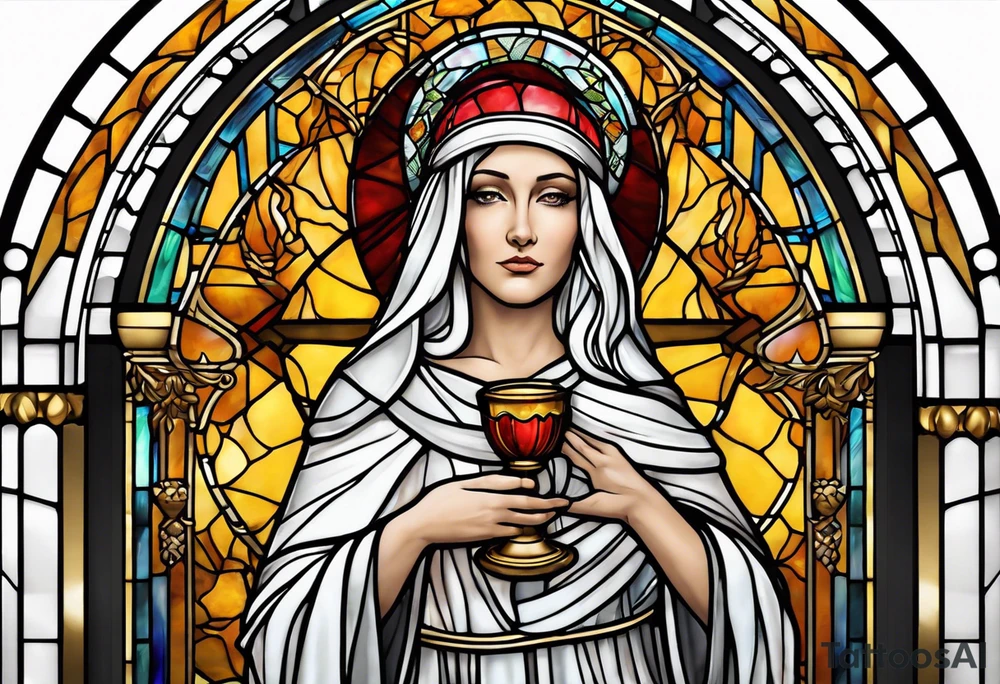 holy saint woman with halo stained glass holding a chalice tattoo idea