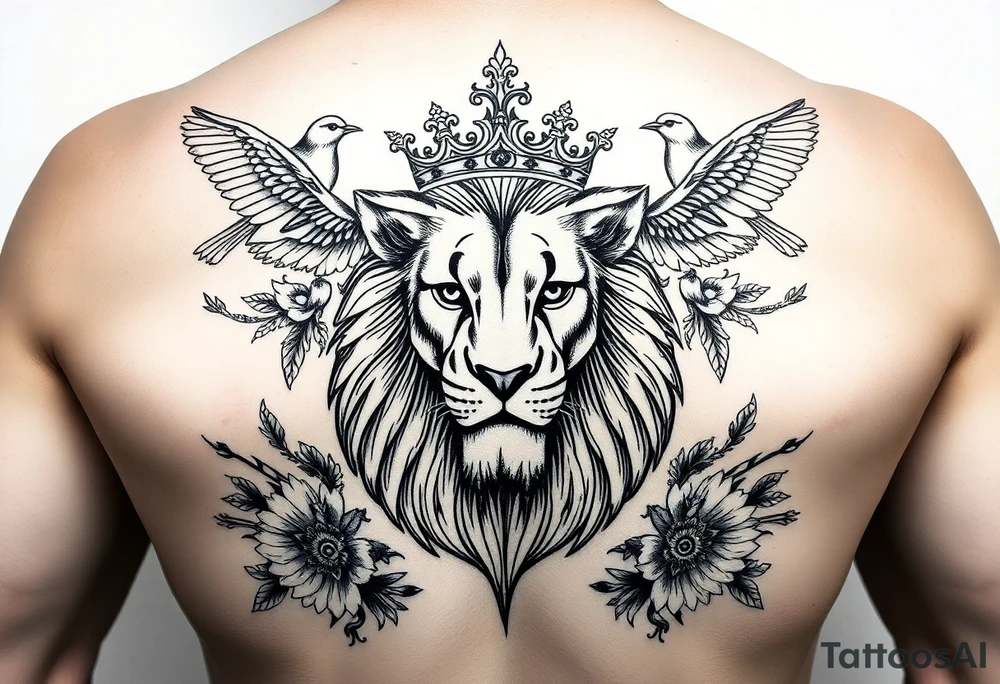 powerful majestic lion with a crown, surrounded by floral ornaments and birds tattoo idea