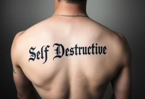 The words Self Destructive in Chicano/old English lettering across the chest tattoo idea