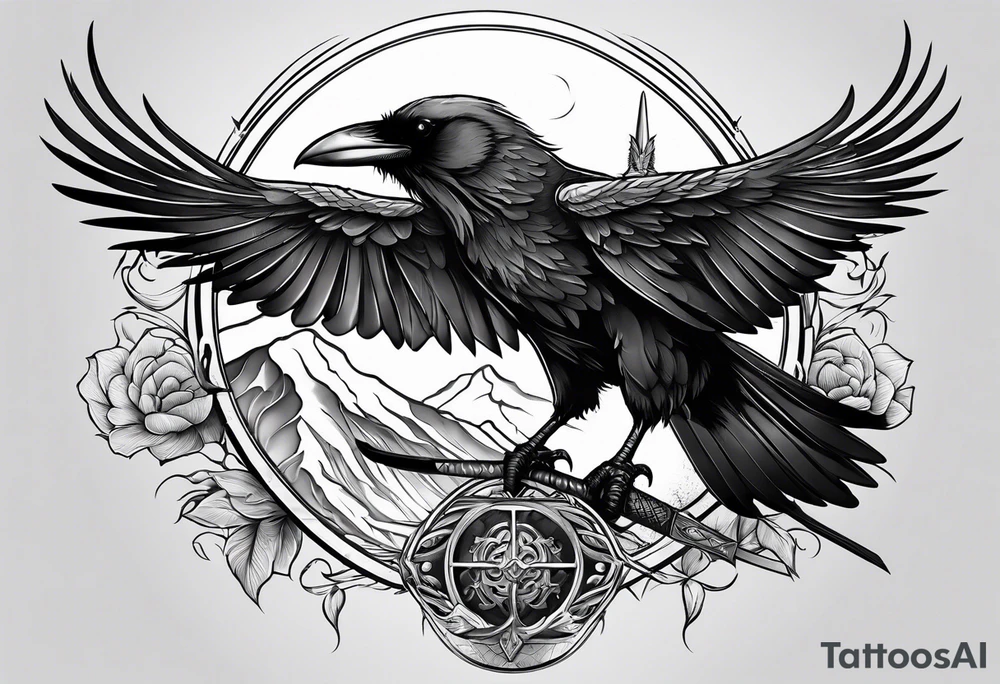 black raven with sword in mouth tattoo idea
