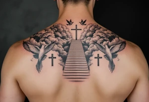 I want a tattoo on my lower arm, I want doves and three crosses at the bottom and I want stairs and clouds with a bible scripture tattoo idea