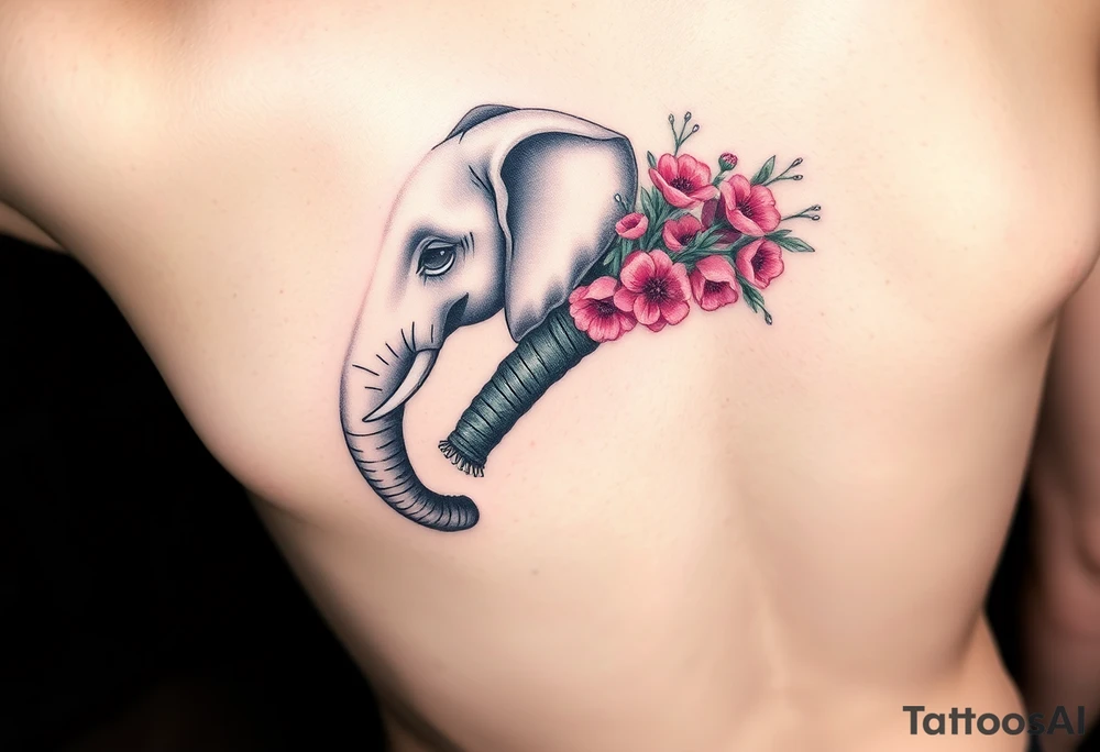 elephant holding a bouquet of small pink peonies wrapped in the end of its trunk tattoo idea