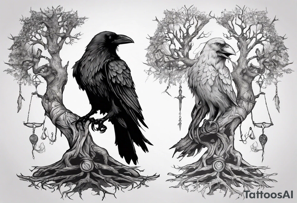 odin ravens sitting on yggdrasil tattoo idea