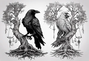 odin ravens sitting on yggdrasil tattoo idea