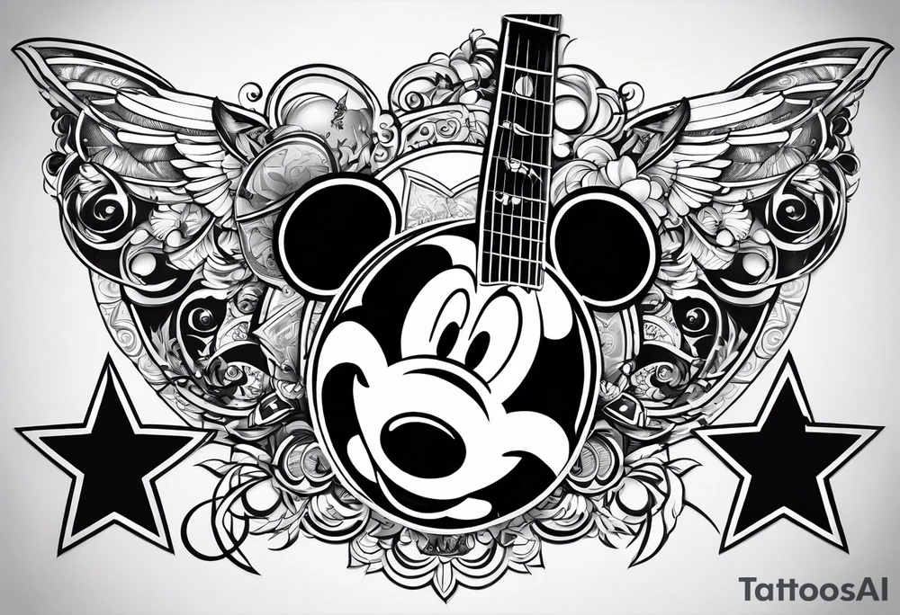 A well balanced tattoo full left arm with the following images:
2 stars, 
1 quarter moon, 
a bass guitar, 
a caduceus symbol and 
a mickey mouse shadow tattoo idea