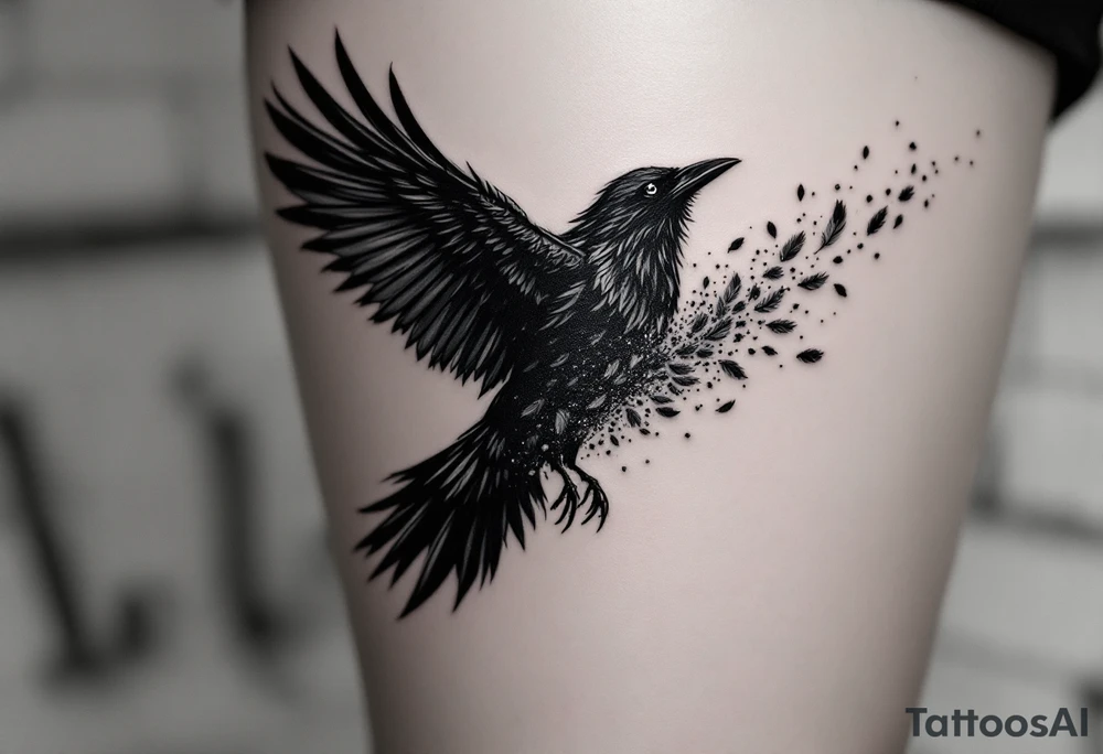 Crow with Feather Trail – A flying crow leaving a trail of scattered feathers behind. Black ink with white highlights and a hint of silver dust effect. tattoo idea