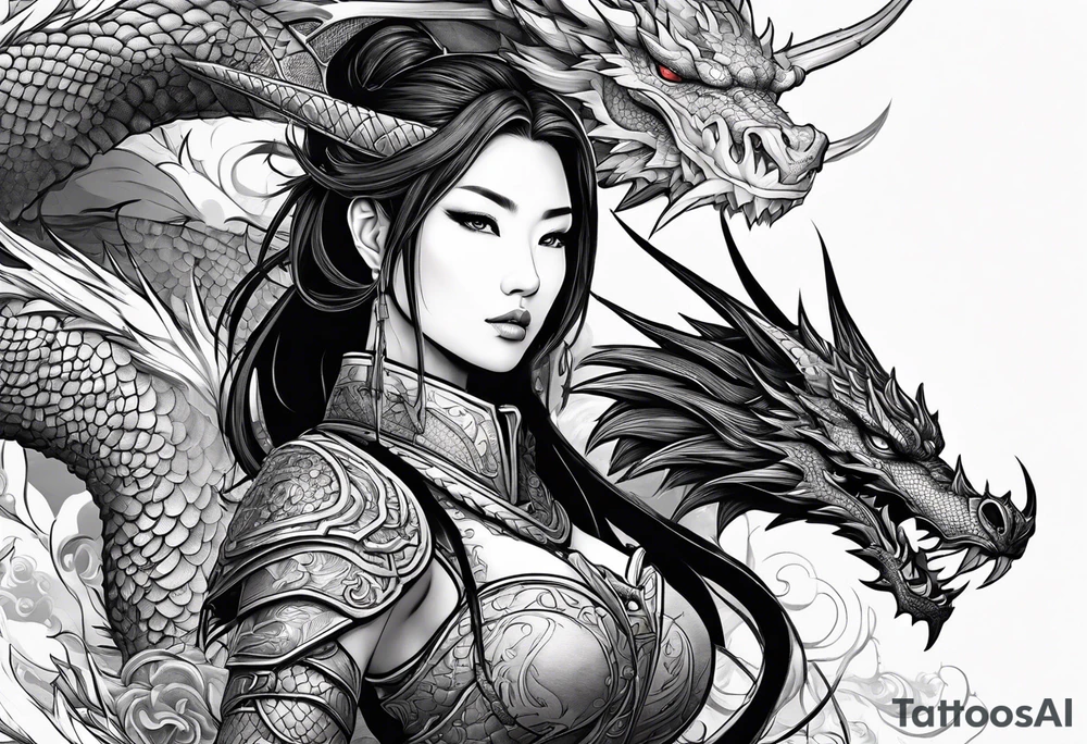 beautiful warrior woman wearing dragon armor and a dragon flying tattoo idea