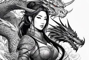 beautiful warrior woman wearing dragon armor and a dragon flying tattoo idea