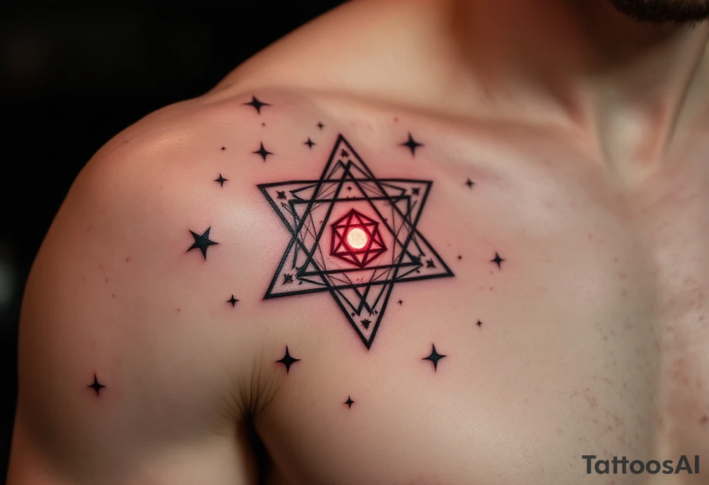 Bold black stars outline the Libra constellation while a red-ink glyph glows from the center. tattoo idea