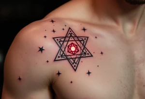 Bold black stars outline the Libra constellation while a red-ink glyph glows from the center. tattoo idea