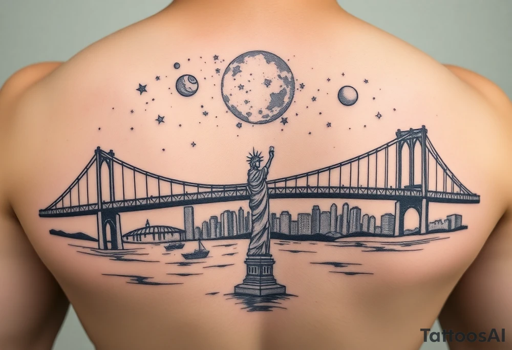 Create a tattoo of the brooklyn bridge 
Have a galaxy in the sky with planets and stars add color 
Add the Statue of Liberty in the water tattoo idea