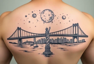 Create a tattoo of the brooklyn bridge 
Have a galaxy in the sky with planets and stars add color 
Add the Statue of Liberty in the water tattoo idea