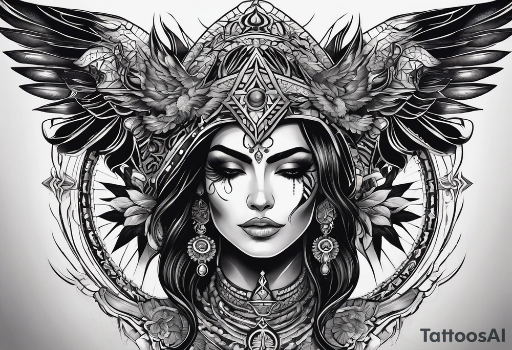 black kali, goddess pirate, alien, pachamama, valkrye, warrior, skull, lotus azul, wing, eagle, zenza resonance, stars, 5D, anahata chakra tattoo idea