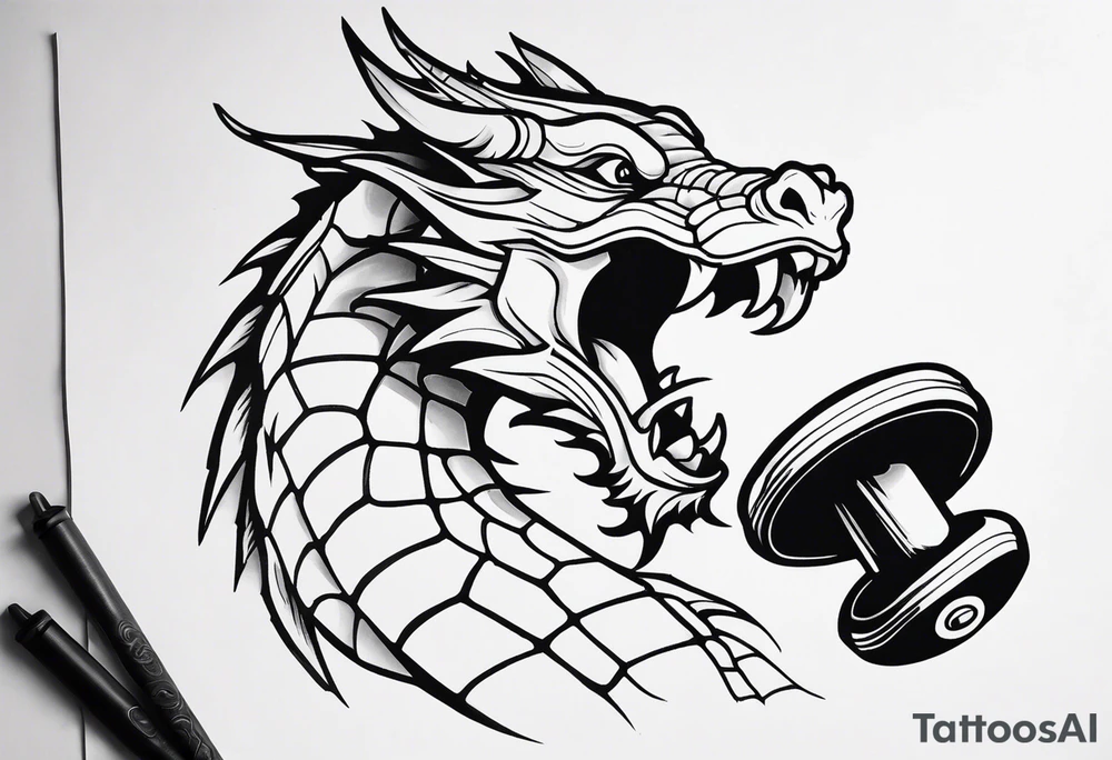 Dragon biting a dumbbell tattoo idea