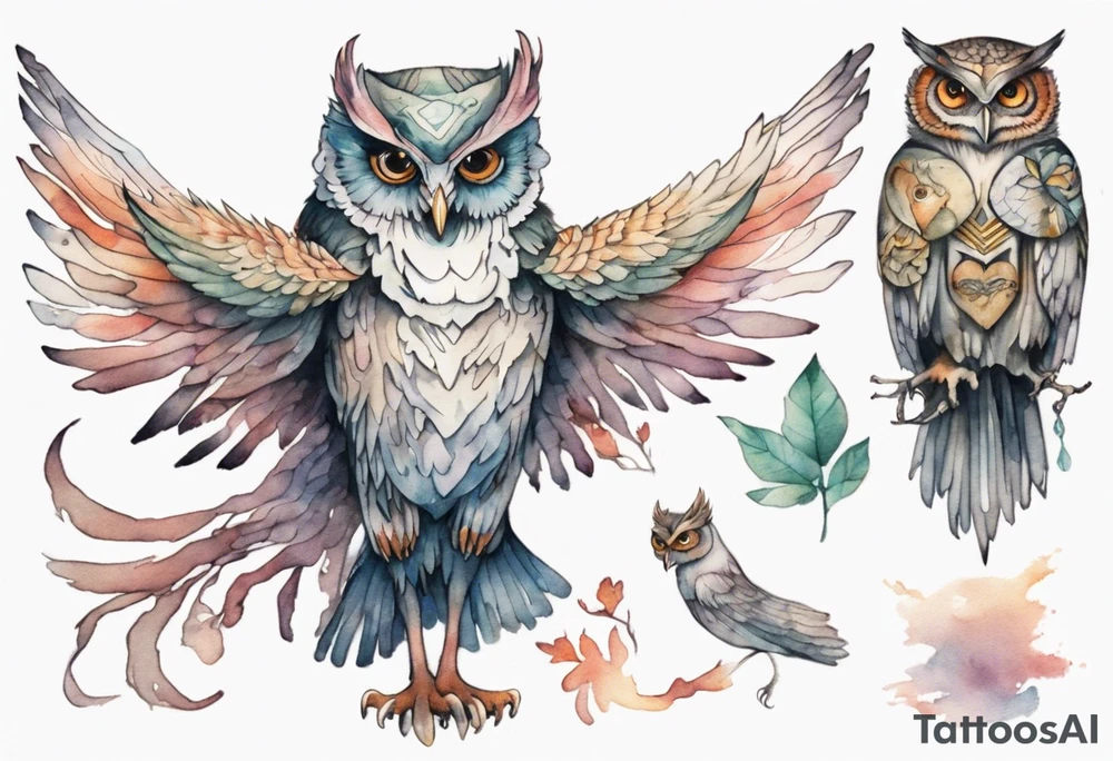 creature in a tunic wearing an owl mask with long thin legs, the feet of a bird, and wings instead of arms in an evening forest tattoo idea