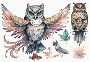 creature in a tunic wearing an owl mask with long thin legs, the feet of a bird, and wings instead of arms in an evening forest tattoo idea