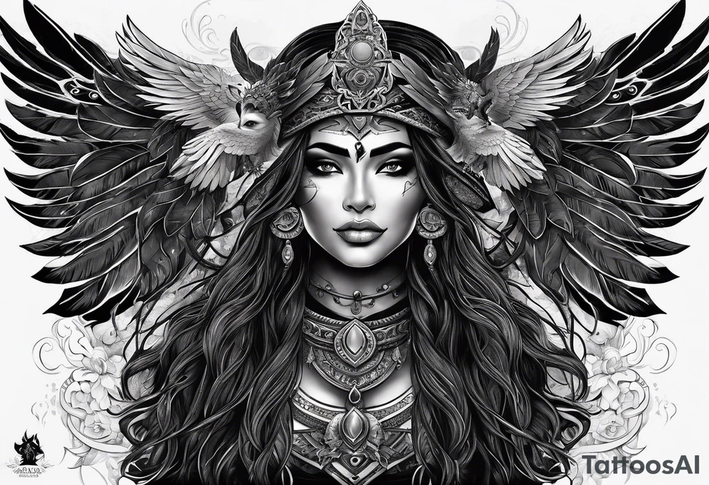 black kali, goddess pirate, alien, pachamama, valkrye, warrior, skull, lotus azul, wing, eagle, zenza resonance, stars, 5D, anahata chakra tattoo idea