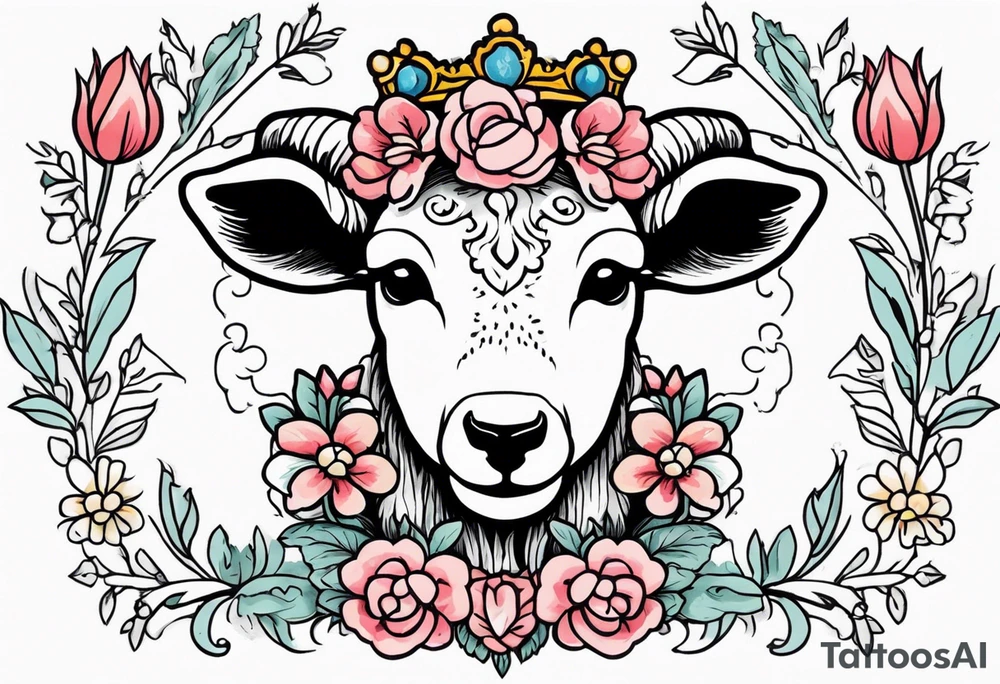 old school vintage traditional style design of lamb with crown on head and vintage flowers surrounding it bold color tattoo idea