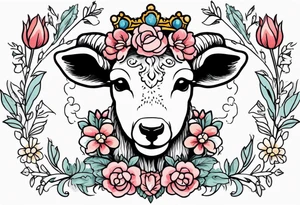 old school vintage traditional style design of lamb with crown on head and vintage flowers surrounding it bold color tattoo idea