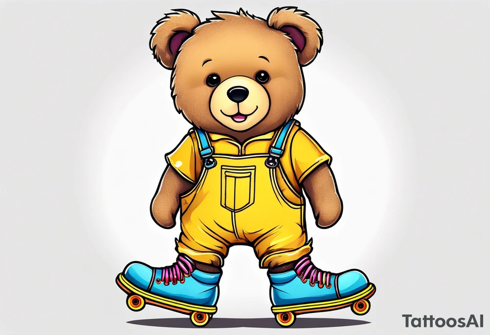 A light brown teddy bear in yellow overalls and rainbow skates tattoo idea