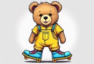 A light brown teddy bear in yellow overalls and rainbow skates tattoo idea