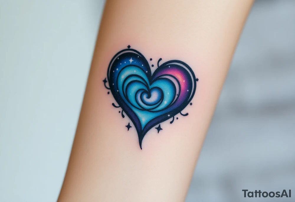 Fully depicted infinity symbol with a heart made of swirling galaxy patterns, featuring deep blues, purples, and subtle stardust tattoo idea