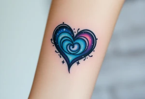 Fully depicted infinity symbol with a heart made of swirling galaxy patterns, featuring deep blues, purples, and subtle stardust tattoo idea