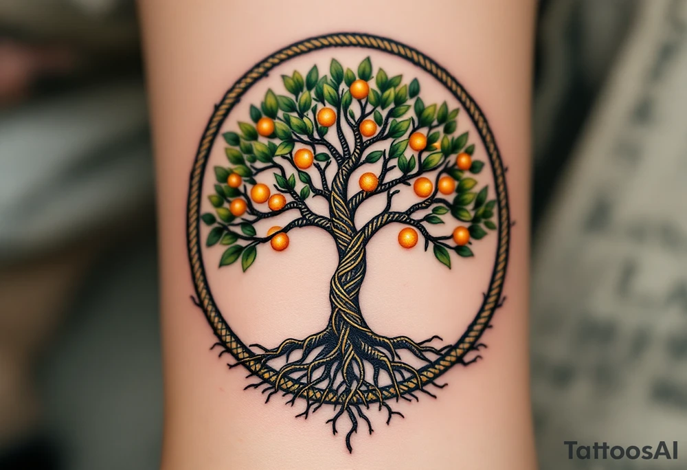 A forest green tree of life inside a round frame of braided roots and glowing amber fruits. tattoo idea