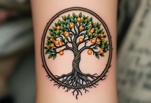 A forest green tree of life inside a round frame of braided roots and glowing amber fruits. tattoo idea