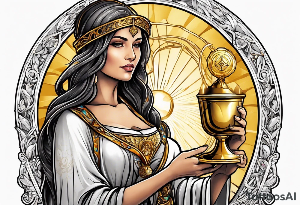 woman saint holding chalice surrounded by golden halo sideways tattoo idea