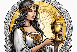 woman saint holding chalice surrounded by golden halo sideways tattoo idea