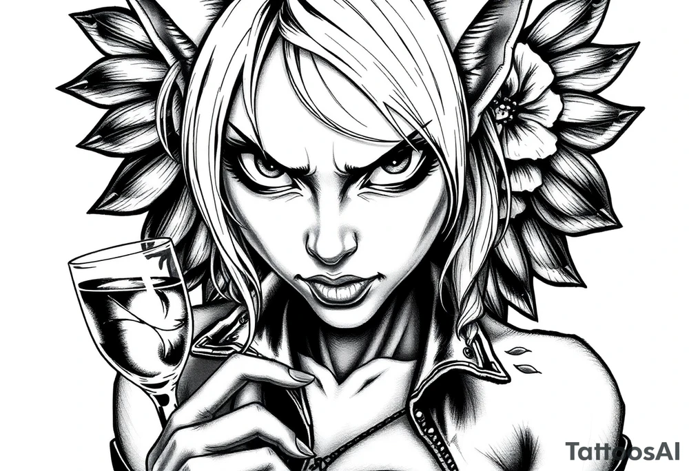 naked catgirl, slut, angry, leather, holding cocktail tattoo idea