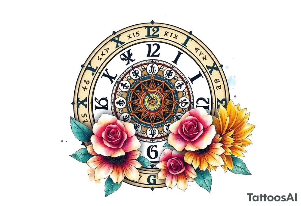 zodiac symbols and Norse runes within ornate clockwork mechanism with roses lilly sunflowers tattoo idea