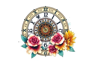 zodiac symbols and Norse runes within ornate clockwork mechanism with roses lilly sunflowers tattoo idea