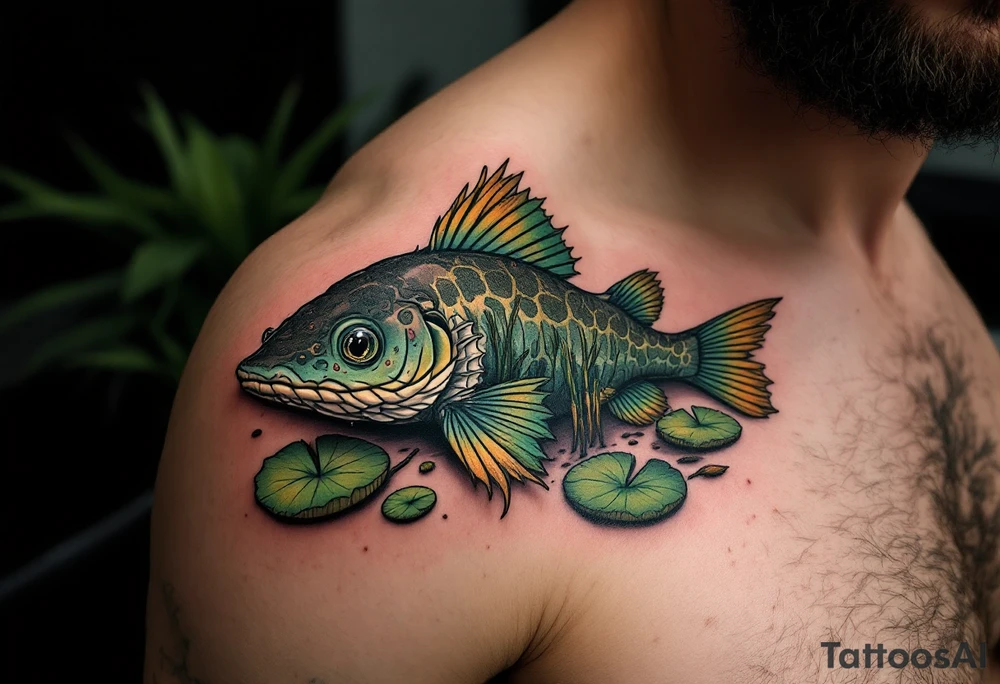 Swamp Guardian Catfish – A dark mossy green and mud-brown catfish resting beneath lily pads and cattails, evoking deep Southern waters. tattoo idea