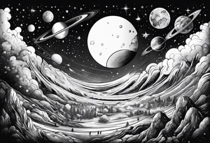 Crowd popping out from earth in space tattoo idea
