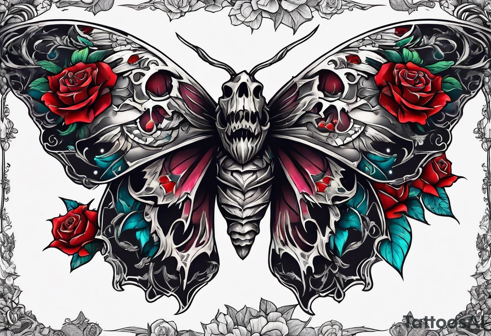 Moth with skull inside it and thorns and roses around it tattoo idea