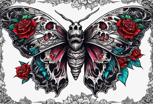Moth with skull inside it and thorns and roses around it tattoo idea