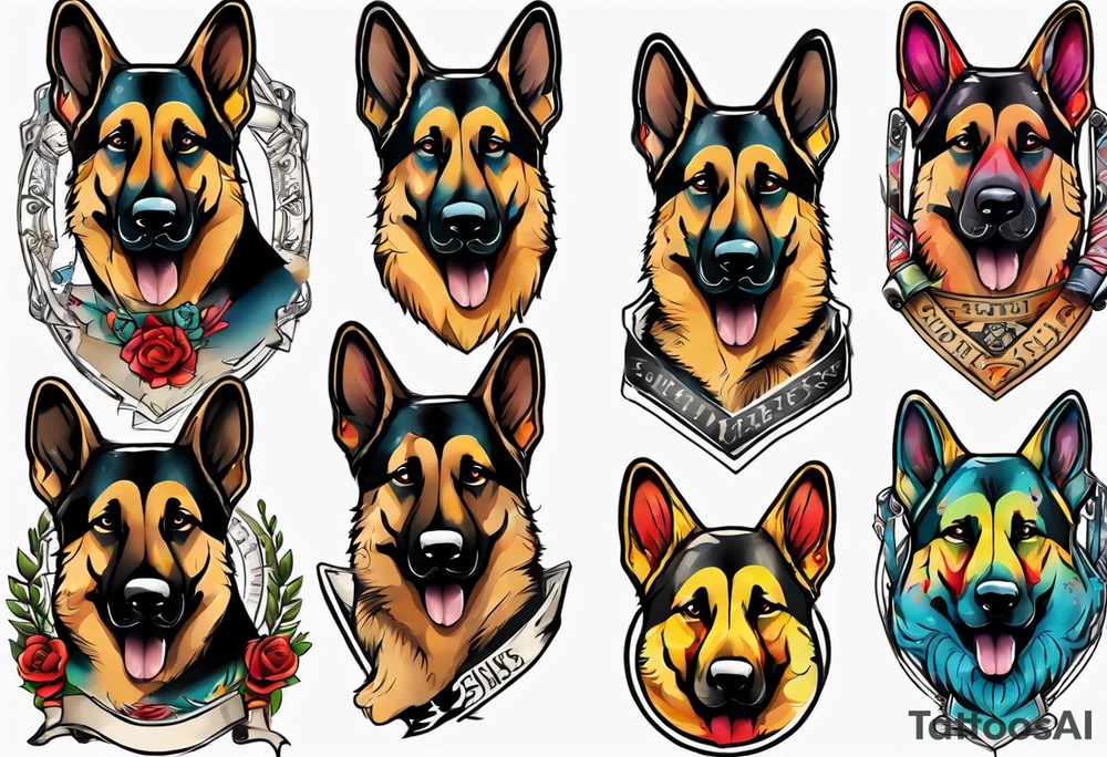 German Shepherd with banner underneath brightly colored tattoo idea