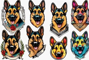 German Shepherd with banner underneath brightly colored tattoo idea