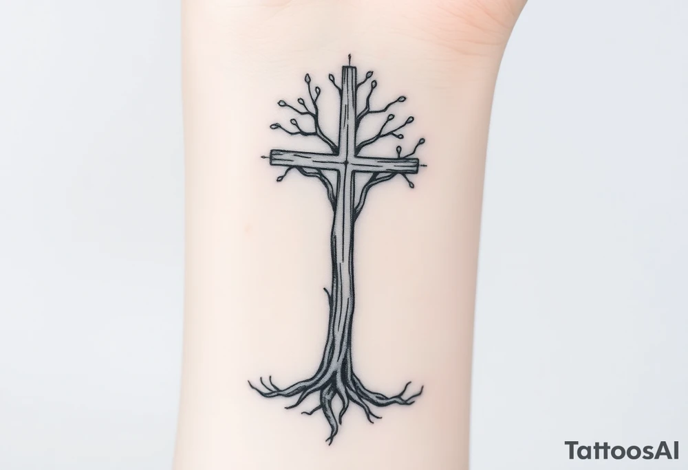 Father, mother, son, daughter standing with weathered cross like a tree intertwined tattoo idea