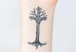 Father, mother, son, daughter standing with weathered cross like a tree intertwined tattoo idea