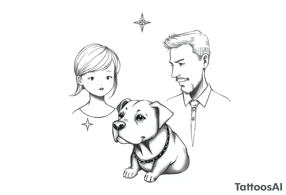 A tattoo that symbolizes three children using symbols, not people, a dog and a husband using dainty symbols and a fine line tattoo tattoo idea