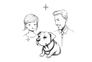 A tattoo that symbolizes three children using symbols, not people, a dog and a husband using dainty symbols and a fine line tattoo tattoo idea