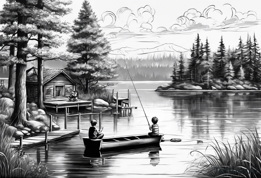 forearm tattoo set on a dock on a lake. There is a little boy sitting next to a little girl. The little boy is fishing and the little girl is reading. There are trees surrounding the lake. tattoo idea