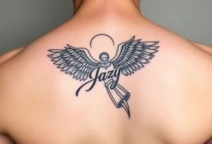 upper arm tattoo - Remembrance angel of a deceased best friend with the name Jazy incorporated tattoo idea