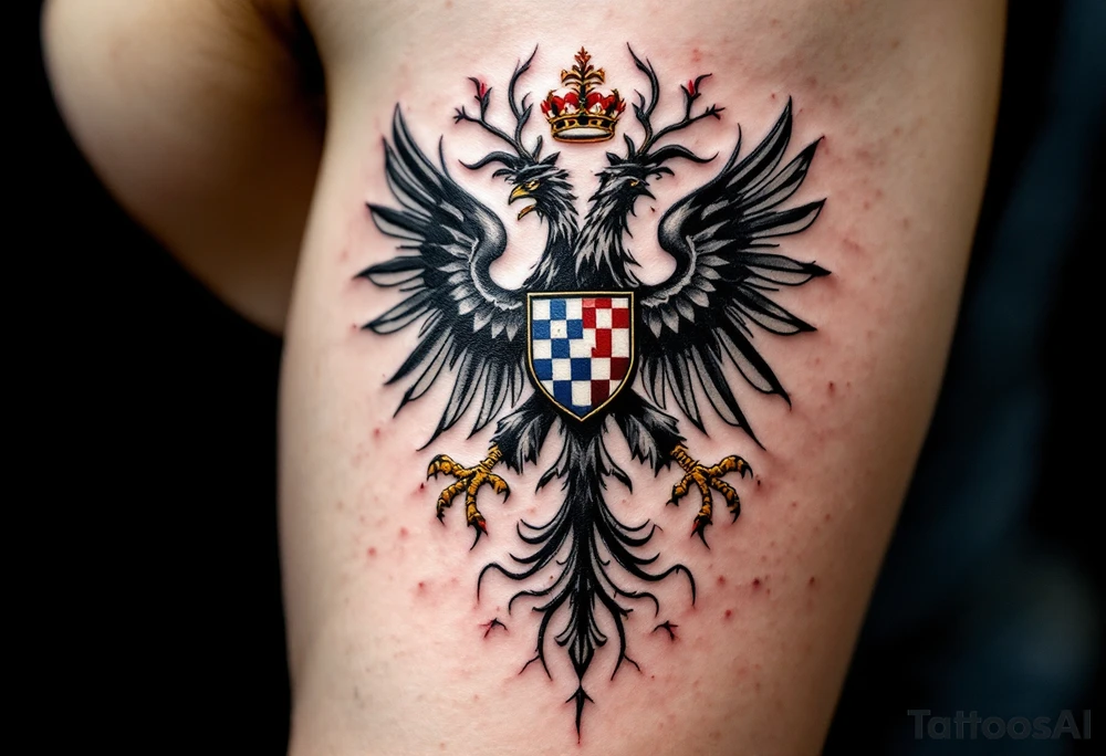 A modernized version of the existing coat of arms with a sleeker, minimalist design while keeping the red and white Bohemian lion, the Moravian checkered eagle (blue and white), and the Silesian black eagle on gold. tattoo idea