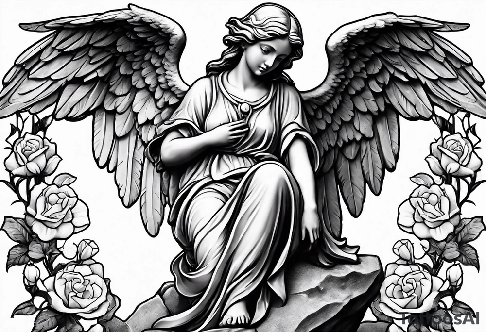 Simple Angel statue stood on a rock with daffodils and roses wrapped around its legs tattoo idea