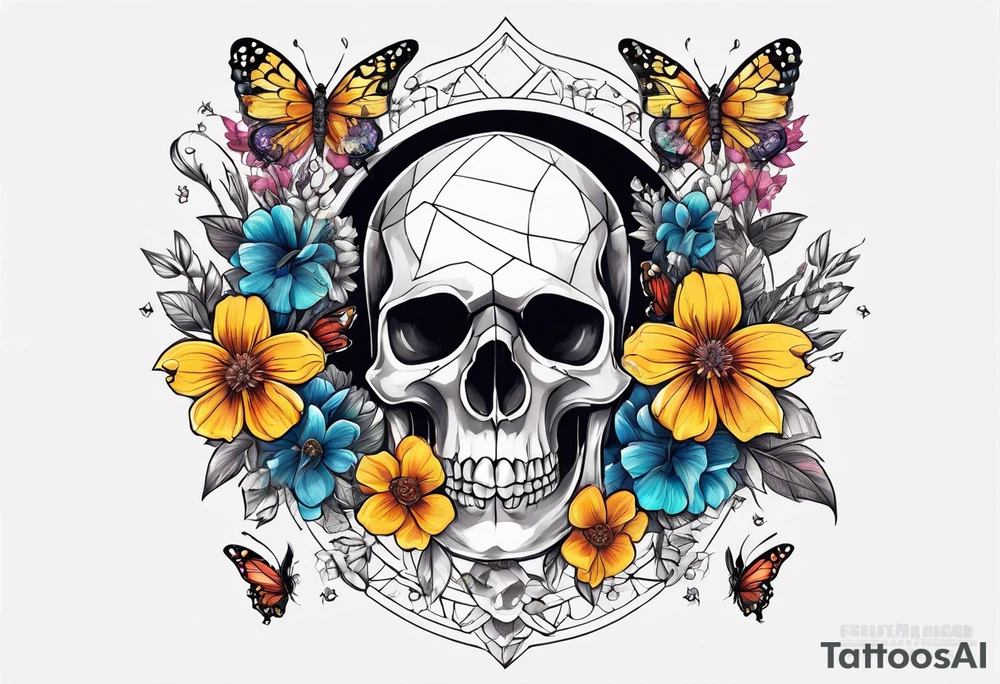 Large scorpion with a skull, flowers, and butterflies tattoo idea