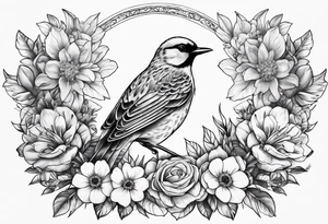 Robbin bird highly detailed and surrounded by flowers tattoo idea